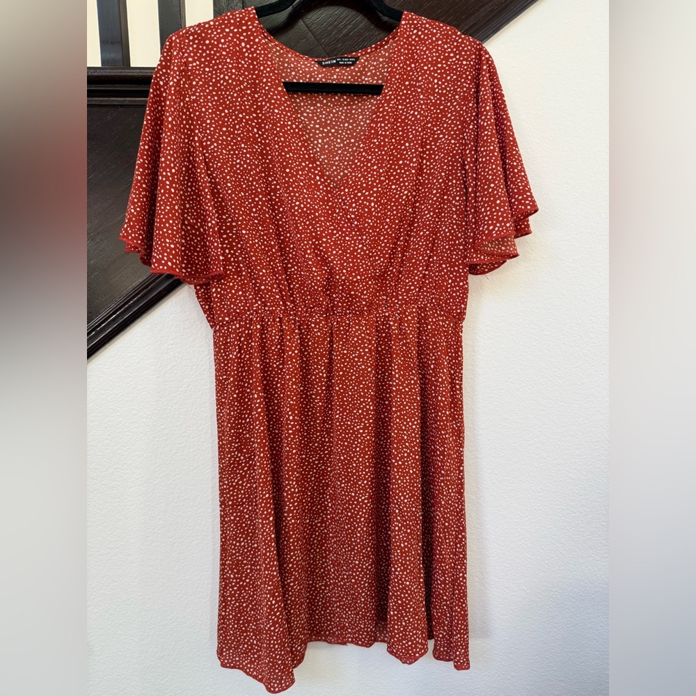 Rust Polka Dot Wrap Mini Dress - L